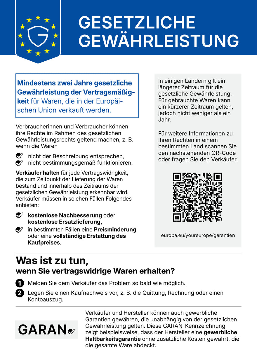 EU-Mitteilung zur gesetzlichen Gewährleistung: Mindestens zwei Jahre gesetzliche Gewährleistung der Vertragsmäßigkeit für Waren, die in der Europäischen Union verkauft werden.
